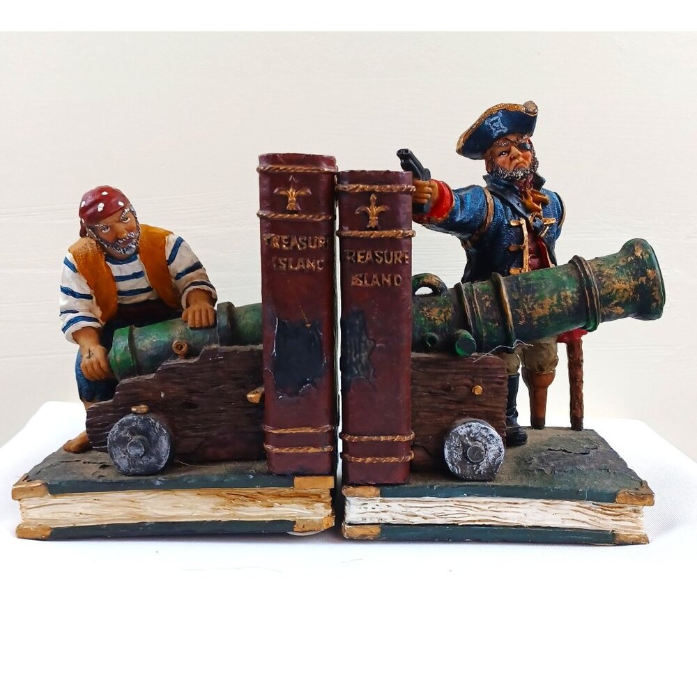 Pirate-Themed "Treasure Island" Bookends With Cannon Detail 6" Tall